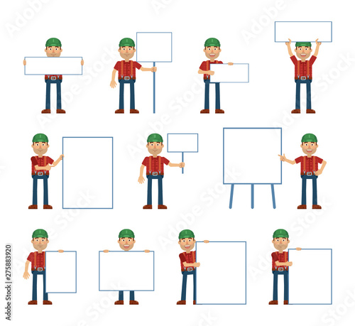 Big set of lumberjack characters posing with different blank banners. Cheerful woodcutter holding paper, poster, placard, pointing to whiteboard. Teach, advertise, promote. Flat vector illustration