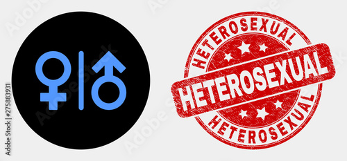 Rounded gender symbols icon and Heterosexual seal stamp. Red round grunge seal stamp with Heterosexual text. Blue gender symbols icon on black circle.