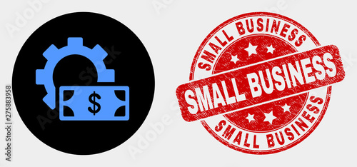 Rounded financial settings gear pictogram and Small Business seal stamp. Red rounded distress seal stamp with Small Business caption. Blue financial settings gear symbol on black circle.