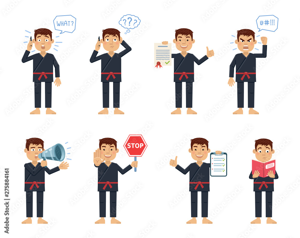 Set of karate characters posing in different situations. Cheerful martial artist talking on phone, thinking, surprised, angry, holding stop sign, loudspeaker, clipboard. Flat vector illustration Set of karate characters posing in different situations. Cheerful martial artist talking on phone, thinking, surprised, angry, holding stop sign, loudspeaker, clipboard. Flat vector illustration