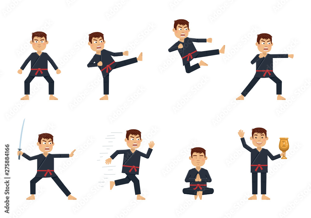 Set of karate characters showing different actions. Cheerful martial artist kicking, running, jumping, hitting, meditating, holding winners cup. Flat style vector illustration Set of karate characters showing different actions. Cheerful martial artist kicking, running, jumping, hitting, meditating, holding winners cup. Flat style vector illustration