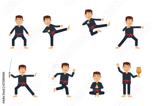 Set of karate characters showing different actions. Cheerful martial artist kicking, running, jumping, hitting, meditating, holding winners cup. Flat style vector illustration