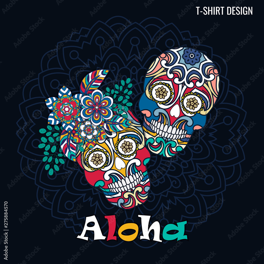 Embroidery colorful simplified ethnic  skull  and flowers pattern . Vector  traditional folk bone ornament on black background for design. boho chic