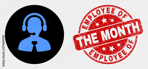 Rounded call center manager icon and Employee of the Month seal stamp. Red rounded scratched seal stamp with Employee of the Month caption. Blue call center manager icon on black circle.