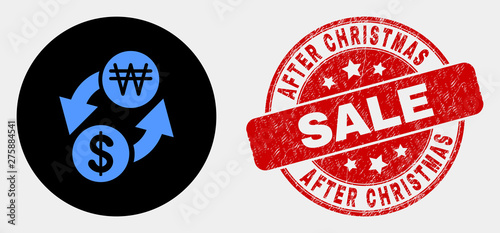 Rounded dollar exchange korean won icon and After Christmas Sale seal stamp. Red round scratched seal stamp with After Christmas Sale text. Blue dollar exchange korean won icon on black circle.