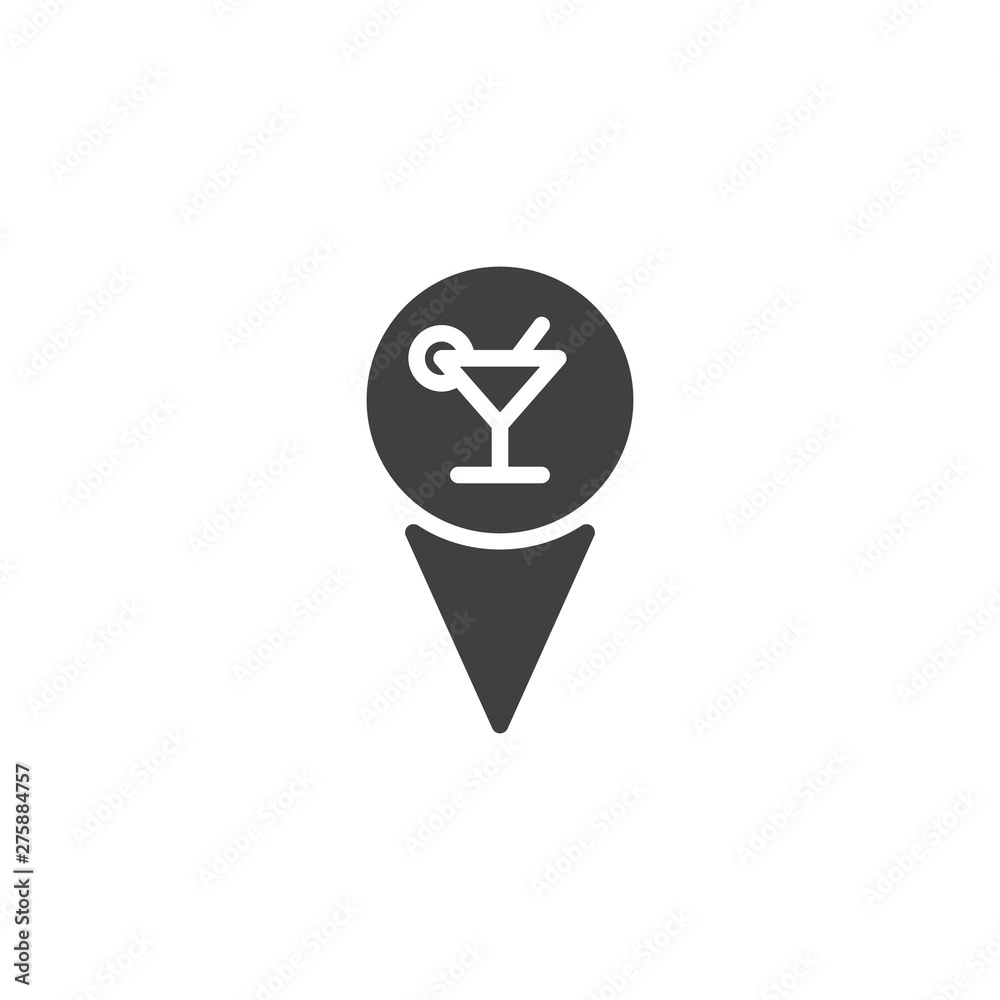 Cafe bar location pin vector icon. filled flat sign for mobile concept and web design. Map marker with cocktail glass glyph icon. Travel, vacation symbol, logo illustration. Vector graphics Cafe bar location pin vector icon. filled flat sign for mobile concept and web design. Map marker with cocktail glass glyph icon. Travel, vacation symbol, logo illustration. Vector graphics