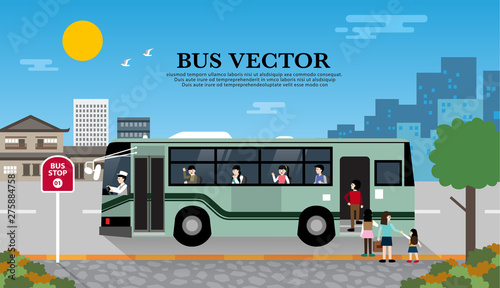 Bus stop station in the city vector. People are going to take the bus. Holiday, metro, local.