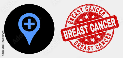 Rounded medical map marker icon and Breast Cancer stamp. Red rounded scratched stamp with Breast Cancer text. Blue medical map marker icon on black circle.