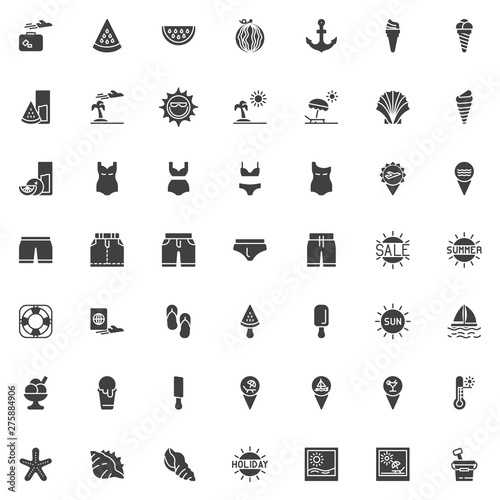 Summer holiday vector icons set, modern solid symbol collection, filled style pictogram pack. Signs, logo illustration. Set includes icons as Plane and luggage, Island travel, Pass document, Swimwear