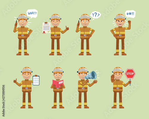 Set of firefighter characters posing in different situations. Cheerful fireman talking on phone, thinking, surprised, angry, holding stop sign, loudspeaker, clipboard, book. Flat vector illustration