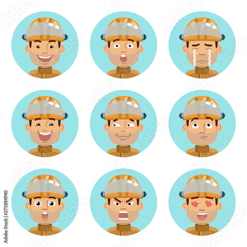 Set of firefighter emoticons. Firefighter avatars showing different emotions. Happy, smile, sad, cry, angry, love, surprised, upset, laugh and other facial expressions. Flat vector illustration © paper_owl