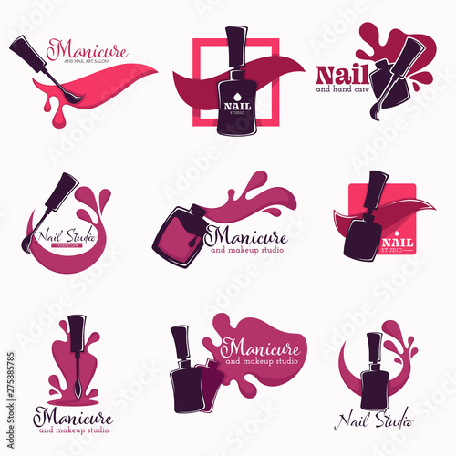 Manicure and nail studio polish or varnish in bottle isolated icons