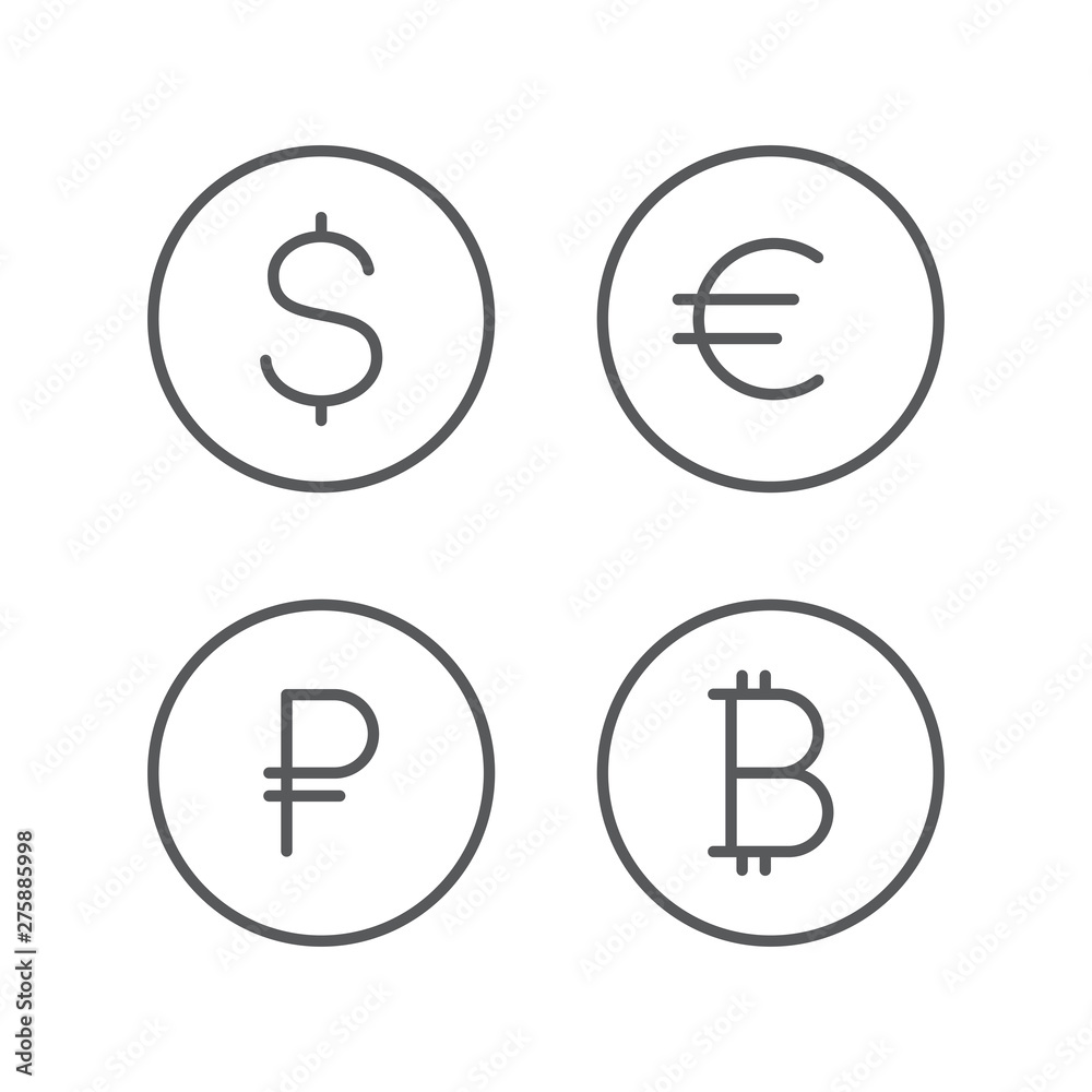 Dollar, euro, ruble, bitcoin icons. Currency sign set. Money cash isolated on background Dollar, euro, ruble, bitcoin icons. Currency sign set. Money cash isolated on background