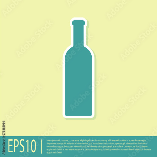 Green Bottle of wine icon isolated on yellow background. Flat design. Vector Illustration