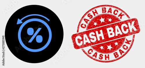 Rounded percent back icon and Cash Back seal. Red rounded scratched stamp with Cash Back text. Blue percent back icon on black circle. Vector combination for percent back in flat style.