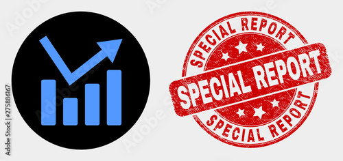 Rounded trend chart icon and Special Report seal. Red rounded scratched seal with Special Report text. Blue trend chart icon on black circle. Vector combination for trend chart in flat style.