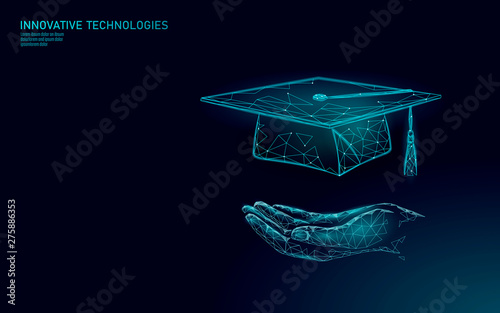 E-learning distance graduate certificate program concept. Low poly 3D render graduation cap on planet Earth World map banner template. Internet education course degree vector illustration photo