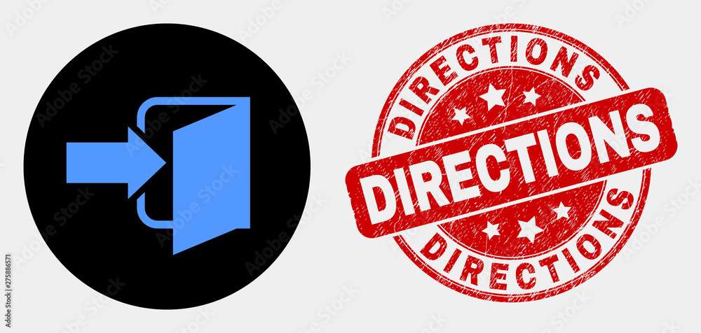 Rounded exit door icon and Directions stamp. Red rounded scratched stamp with Directions text. Blue exit door icon on black circle. Vector combination for exit door in flat style.