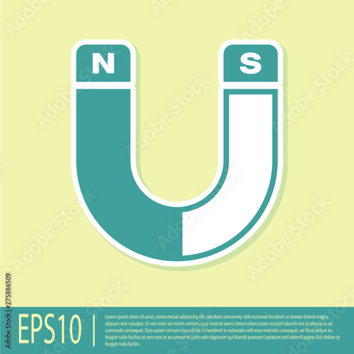 Green Magnet icon isolated on yellow background. Horseshoe magnet, magnetism, magnetize, attraction sign. Vector Illustration