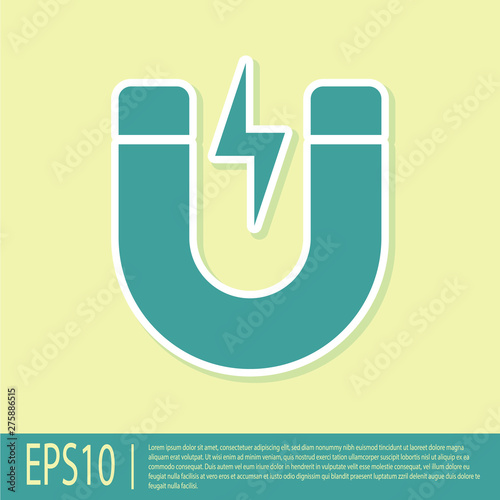 Green Magnet with lightning icon isolated on yellow background. Horseshoe magnet, magnetism, magnetize, attraction sign. Vector Illustration