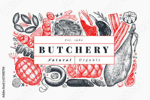 Vintage vector meat products design template. Hand drawn ham, sausages, jamon, spices and herbs. Raw food ingredients. Retro illustration. Can be use for label, restaurant menu.