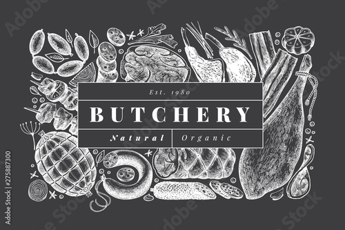 Vintage vector meat products design template. Hand drawn ham, sausages, jamon, spices and herbs. Raw food ingredients. Retro illustration on chalk board. Can be use for label, restaurant menu.