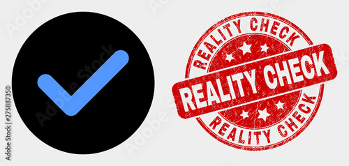 Rounded yes tick icon and Reality Check stamp. Red rounded grunge stamp with Reality Check text. Blue yes tick symbol on black circle. Vector combination for yes tick in flat style.