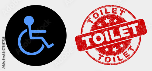 Rounded wheelchair person icon and Toilet stamp. Red rounded textured seal stamp with Toilet text. Blue wheelchair person icon on black circle. Vector combination for wheelchair person in flat style.