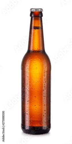 brown bottle of beer with water drops isolated on white