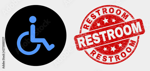 Rounded wheelchair icon and Restroom seal stamp. Red round grunge seal stamp with Restroom text. Blue wheelchair icon on black circle. Vector composition for wheelchair in flat style.
