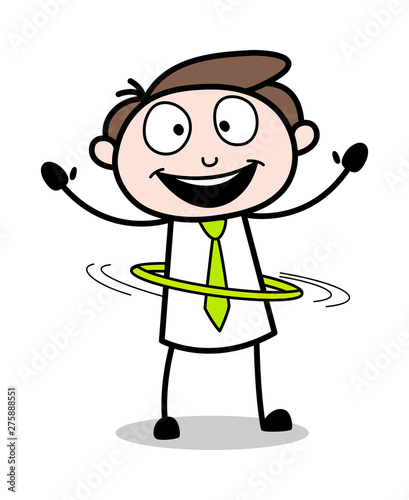 Playing with Hula Hoop - Office Businessman Employee Cartoon Vector Illustration