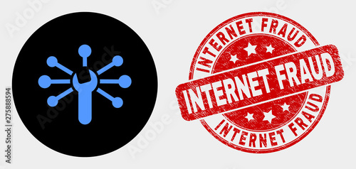 Rounded wrench links icon and Internet Fraud seal stamp. Red rounded distress seal stamp with Internet Fraud caption. Blue wrench links icon on black circle.