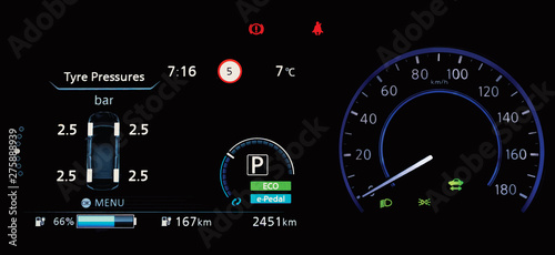 Car dashboard panel in the fully electric vehicle (EV). TPMS (Tyre Pressure Monitoring System) monitoring display on a car counter panel. The pressure measurement given in bar.