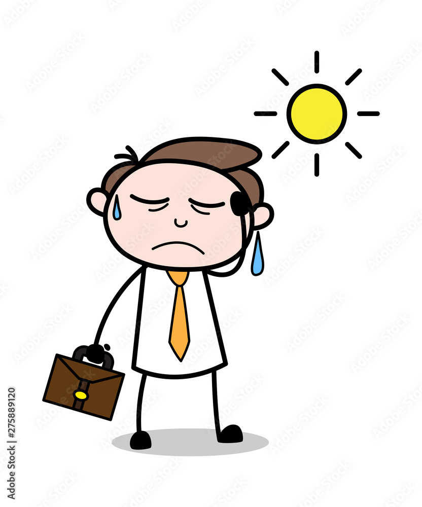 Getting Tired in Summer - Office Businessman Employee Cartoon Vector Illustration