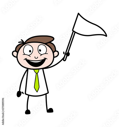 Holding a Flag in Hand - Office Businessman Employee Cartoon Vector Illustration