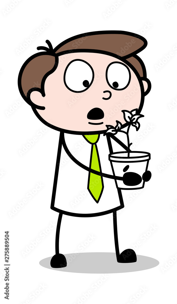 Worried about the Plant - Office Businessman Employee Cartoon Vector Illustration