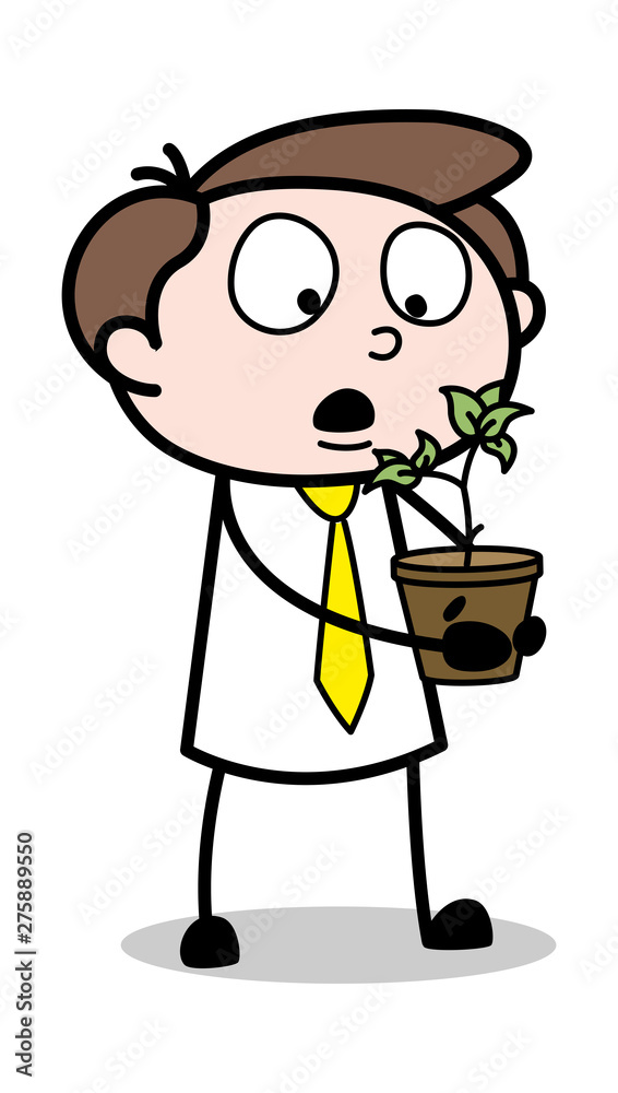 Holding a Plant - Office Businessman Employee Cartoon Vector Illustration