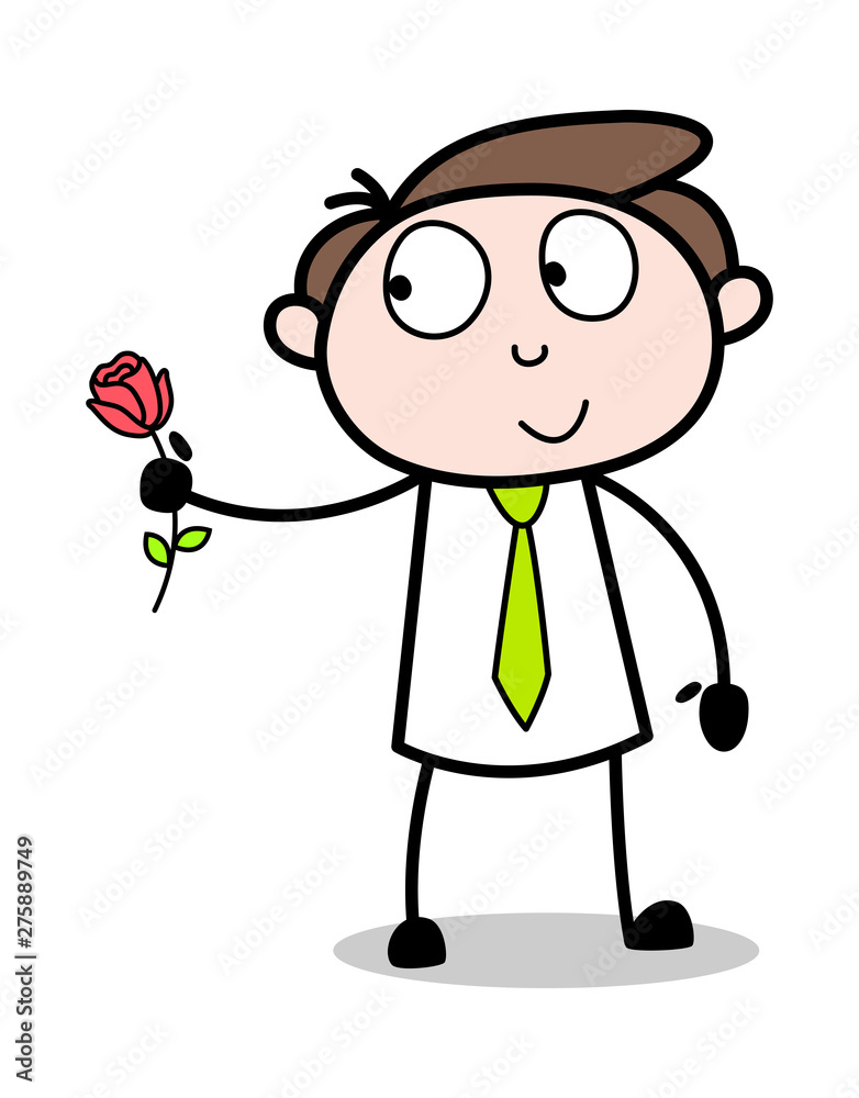 Showing Rose Flower - Office Businessman Employee Cartoon Vector Illustration