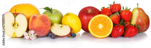 Obraz  z motywem Fresh fruits collection apple fruit apples lemon orange food isolated on white in a row