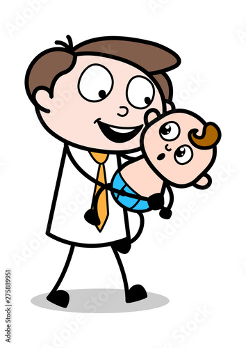 Holding a Baby and Trying to Talk with baby - Office Businessman Employee Cartoon Vector Illustration