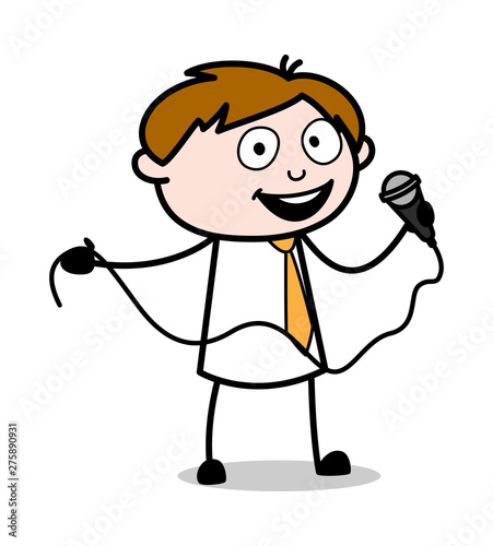 Holding a Mic and Singing a Song - Office Salesman Employee Cartoon Vector Illustration