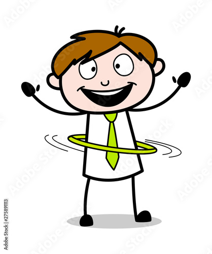 Playing with Hula-Hoop - Office Salesman Employee Cartoon Vector Illustration