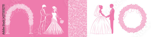Silhouettes of the bride and groom and design elements for wedding invitations, etc.