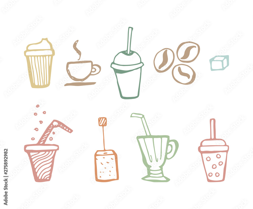 Set of drinks and beverages. Hand drawn doodle set. Coffee, tea, soda, lemonade. Color outline vector illustration isolated on white Set of drinks and beverages. Hand drawn doodle set. Coffee, tea, soda, lemonade. Color outline vector illustration isolated on white