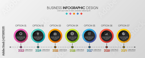 Colourful timeline infographic with 7 steps. Vector