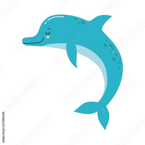 Vector cute illustration of a funny blue dolphin jumping fun on a white background