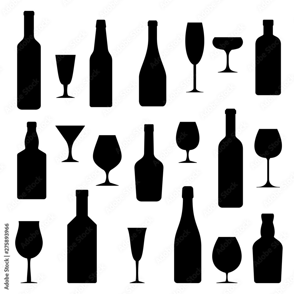 wine glasses and bottles, set of icons. vector illustration. wine glasses and bottles, set of icons. vector illustration.