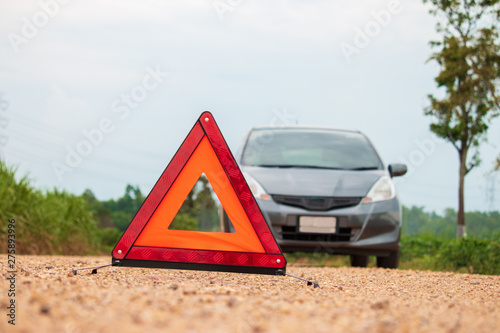 Red warning triangle. Focus on red triangle!, beside rural road.