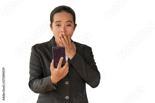 surprised business woman with expressive emotions on her face holding smart cell mobile phone isolated on white background