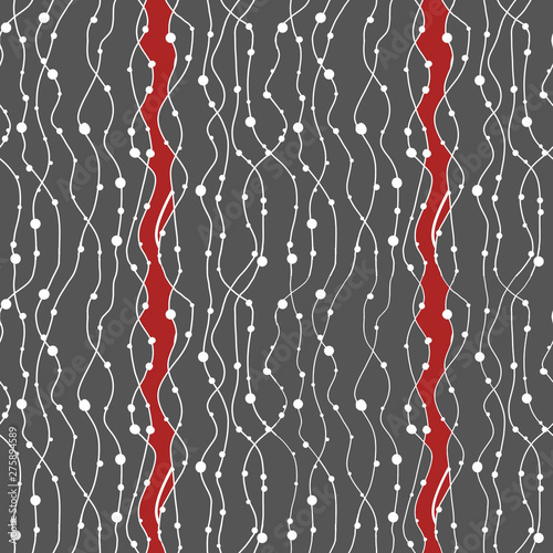 Threads with beads of different sizes on a gray background with red strips. Seamless pattern. Digital drawing